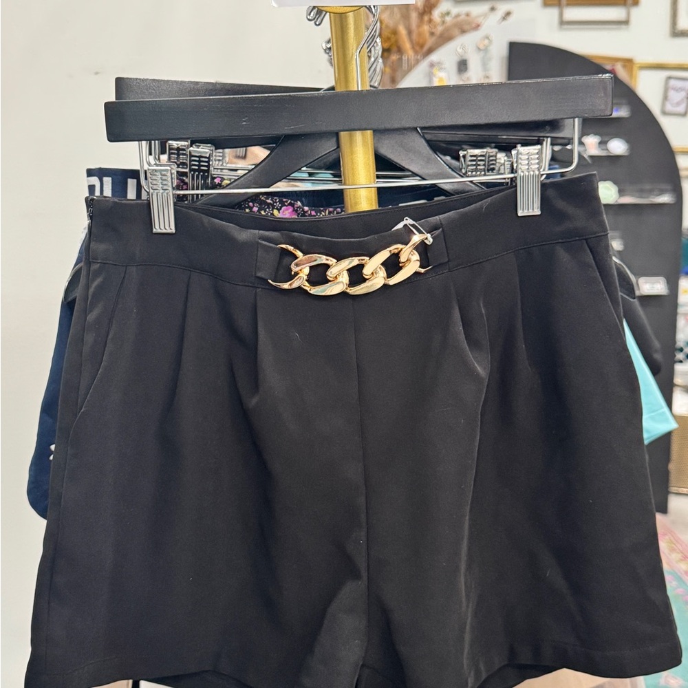 Black Women's Shorts with Gold Chain Detail
